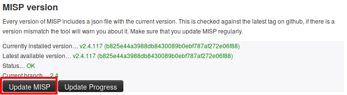 Update MISP from the diagnostic tool in the UI