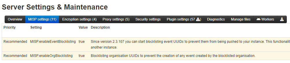 MISP settings page, showing the settings to enable event and org blocklisting