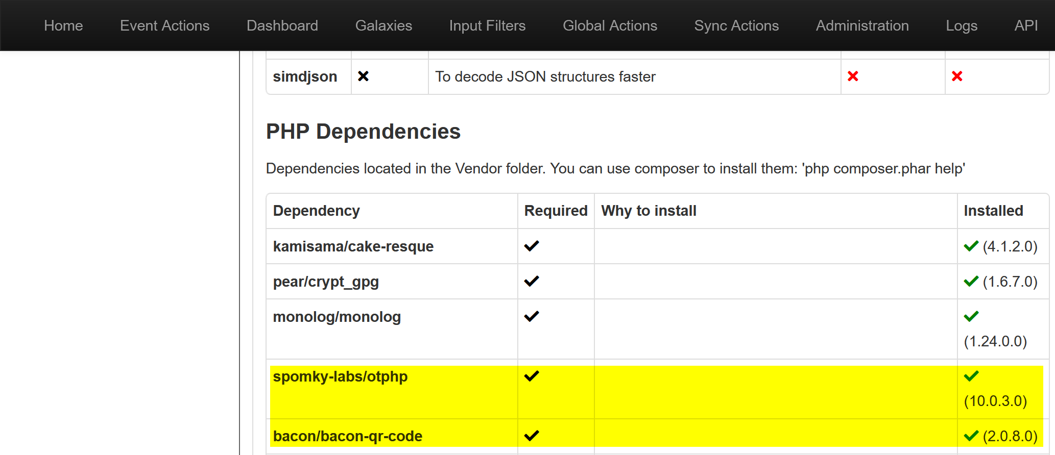 Screenshot of diagnostics page showing required php libraries for TOTP/HOTP