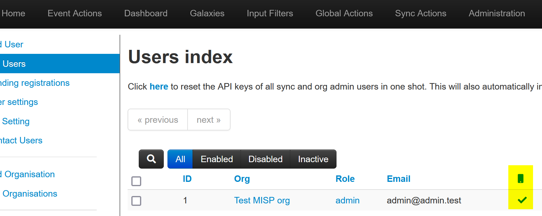 Screenshot of users index page, with highlight showing the column which indicates a user has TOTP/HOTP configured