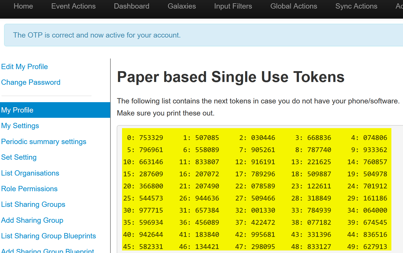 Screenshot of paper based single use tokens page
