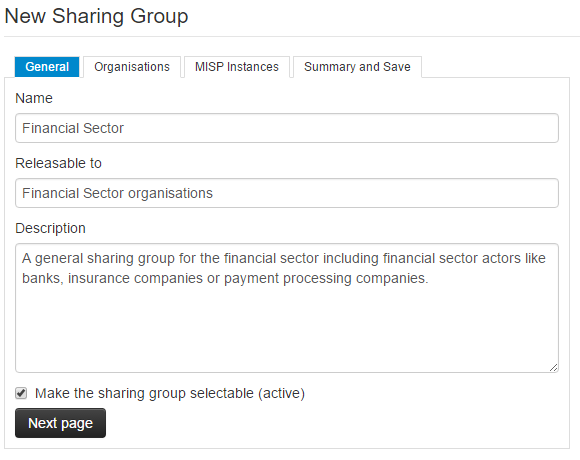 The general tab of the sharing group tool