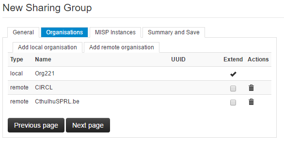 The organisations tab of the sharing group tool